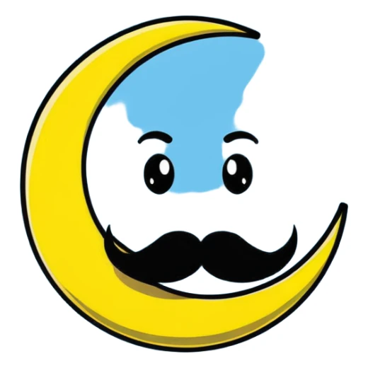 yellow crescent moon with a fancy handlebar mustache and cute smiling face sticker