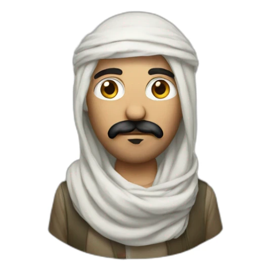 A person wearing only a shemagh and mustache sticker