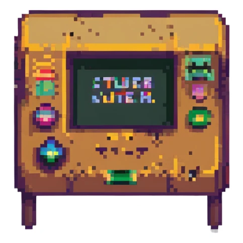 'STUer' written in pixel art, mimicking old video game title screens, bold and readable sticker
