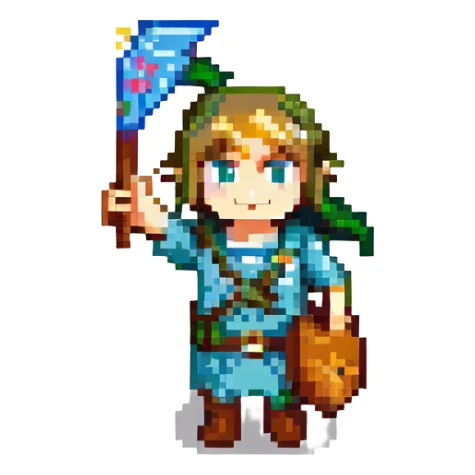 Pixel art Link from Zelda, waving and saying bonjour, retro video game style sticker
