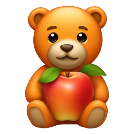 Small orange teddy bear wearing a bid with apple on  sticker