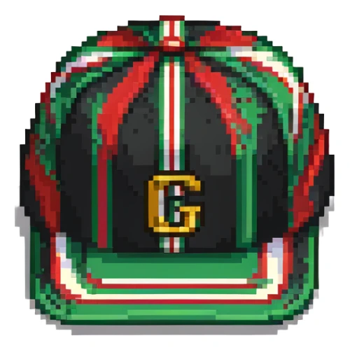 pixel art Gucci cap with green and red stripes and gold accent sticker