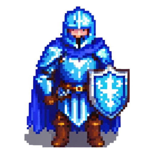 pixel art knight with blue cape, gray iron sword, blue metallic shield sticker