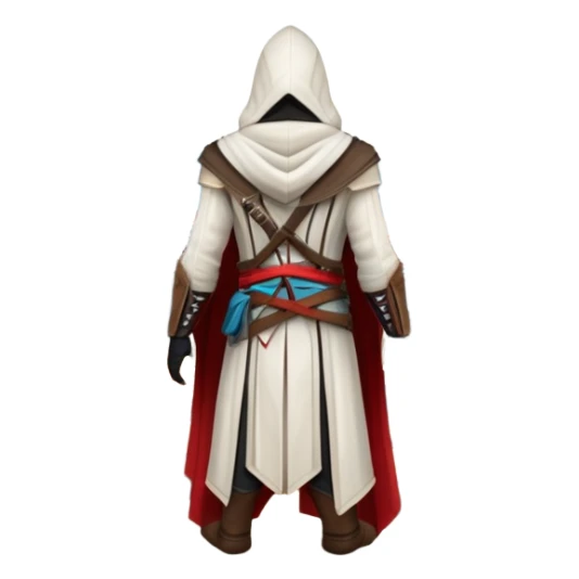 icon featuring Assasin's Creed in an iconic assassin's hood, standing tall against the backdrop of Florence. The design captures the essence of adventure, with intricate details of historical architecture and a sense of mystery. The character is poised, ready for action. transparent background. sticker