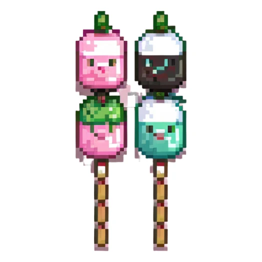 Pixel art Japanese dango skewer with three colorful rice balls in pink, white, and green colors sticker