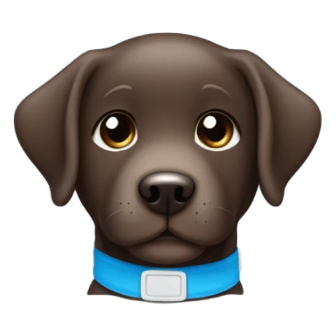 Warm Chocolate labrador puppy with small white fur on chest and cute blue collar sticker