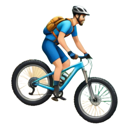 An icon featuring a forest trail or rocky mountain road. The background shows dense trees, steep slopes, and distant peaks under a clear blue sky with mountain bike with wide tires, positioned on  Transparent background highlights the thrill and rugged beauty of mountain biking. sticker