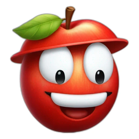smiling red apple wearing a Mario hat and an italian mustache sticker