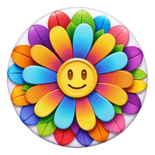 A round hippie colored button with rainbow colored flowers in the center sticker