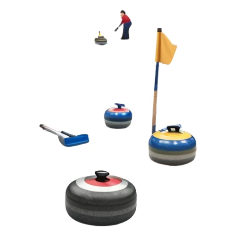 An icon showing a curling match on an indoor ice stadium, with a polished curling stone gliding toward the target and players sweeping. Spectators watch from stands, and flags hang above the rink. Transparent background highlights strategy and focus in the sport of curling. sticker