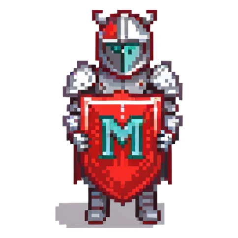 Knight with red and black armor holding a shield with the letter M on it sticker