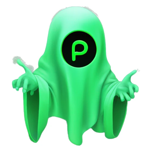 Neon green ghost holding a ''P'' in one hand and an ''E'' on the other hand sticker