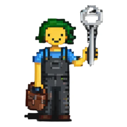 Technical pixel art badge with colorful stick figure holding car tool key sticker