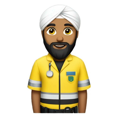 Sikh man with beard wearing a black turban and a yellow paramedic jacket sticker