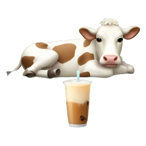 a little cow laying in a sofa, drinking milk tea sticker