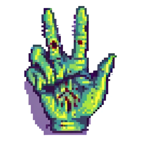 zombie hand making the peace sign, pixel art style sticker