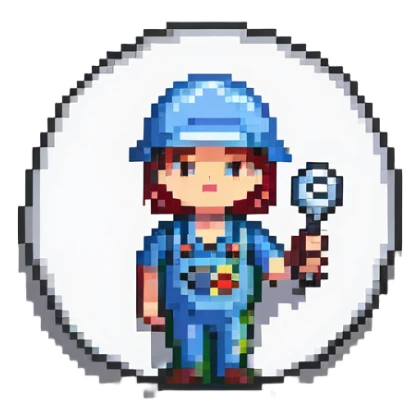 Oval badge shape with simple pixel art technician holding car tool key, bright colors sticker