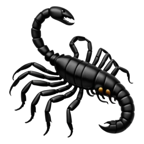 A 3D cartoon scorpion with shiny dark body and curled tail, on a light surface, realistic Memoji-style, soft lighting. sticker