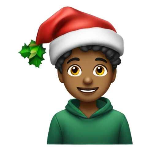 Niño moreno no tanto con pelo negro ondulado con gorro de navidad decorando un árbol sticker
