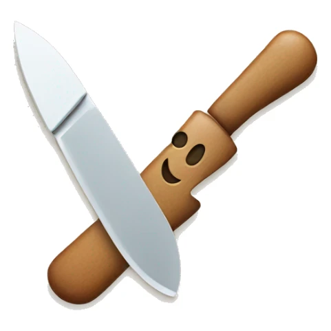 a friendly smiling emoji face holding a small kitchen knife, cartoon style.” sticker