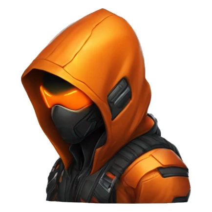 Side view developer behind his laptop with this style : crysis Cyberpunk Valorant orange glowing bright orange character orange black hooded assassin themed character sticker