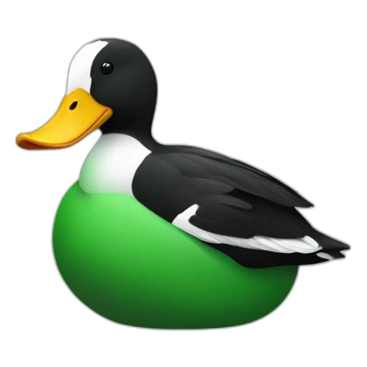 A green duck sitting on top of a black and white badger sticker