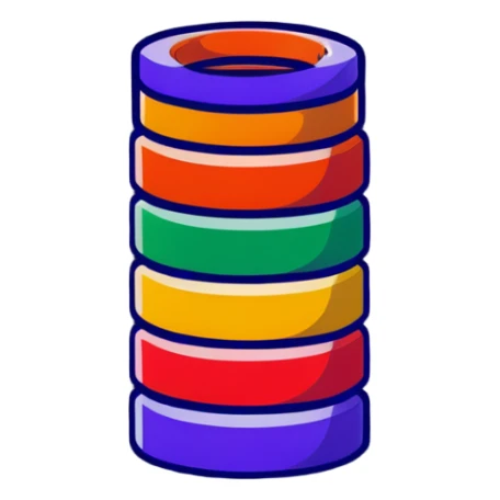 Children's stacking rings toy with red, orange, yellow, green, light blue, dark blue, and purple rings on a post in rainbow order sticker