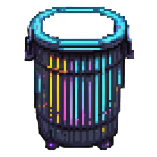 32x32 cyberpunk trash bin icon with futuristic neon elements, retro computer style sticker