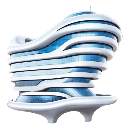 Realistic Dongdaemun Design Plaza (DDP) Landmark Emoji, featuring the iconic curving silver structure with futuristic architecture, illuminated pathways, and a sleek modern design set against the Seoul cityscape. sticker