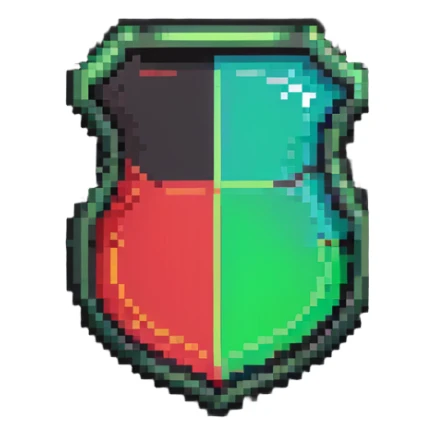 Member badge with a shield shape and green to red gradient background with pixel art details sticker