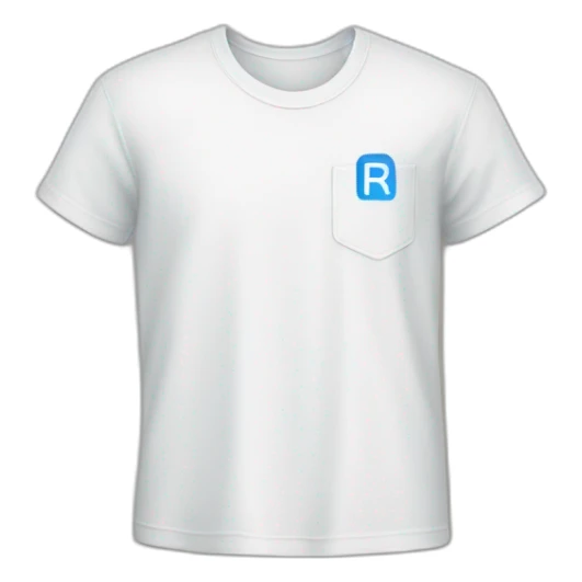 white tshirt with blue letter r on breast pocket sticker