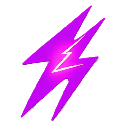 A bold lightning bolt with sharp edges, glowing in neon purple and hot pink. Set against a black background with a faint electric glow effect. Add subtle sparks for extra energy. sticker