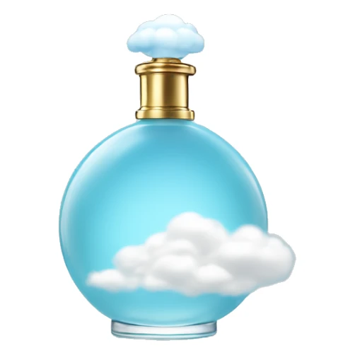 light blue round perfume bottle with large white cloud decoration at its base sticker
