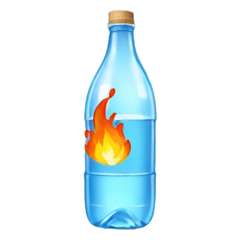 A bottle of water with fire sticker