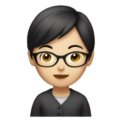 An Asian female developer with short brown-black hair and round glasses sticker