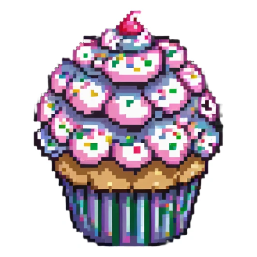 giant cupcake with pink icing and colorful sprinkles in pixel art style sticker