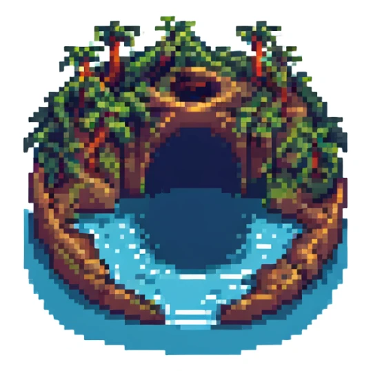 an island with a large hole or arch through it, surrounded by water, pixel art style sticker