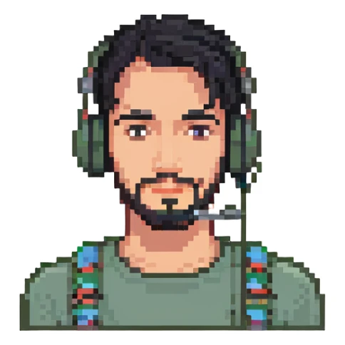 laughing man with black hair, brown eyes, black beard wearing gaming headset sticker