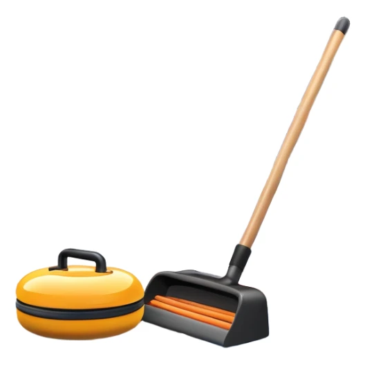 An icon featuring a curling stone in the foreground on an ice sheet with marked target circles. A curling broom rests nearby. In the background, a grand indoor stadium with bright lights and cheering fans. The ice reflects the vibrant colors of the surroundings. Transparent background. sticker