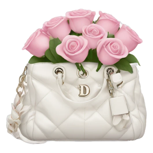 white dior bag with pink roses bouquet sticker