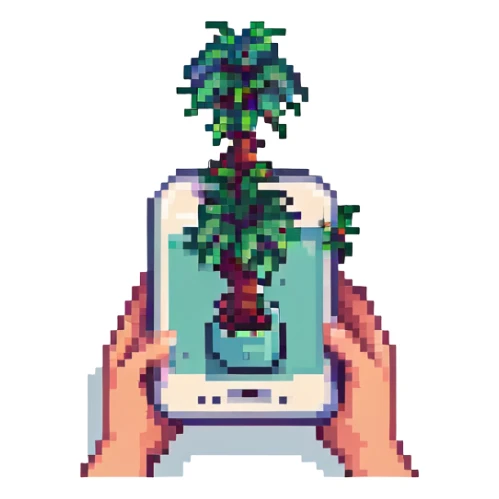 hands holding a plant sprouting from a smartphone, pixel art style, colorful, retro sticker
