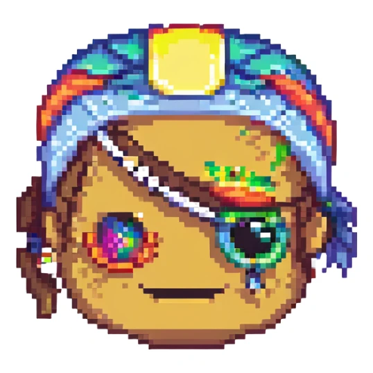 pirate with rainbow eyepatch and earring, smiling, pixel art style sticker