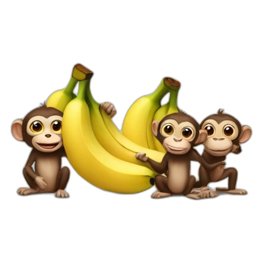 Three different monkeyscuddlign with bananas in their hand  sticker