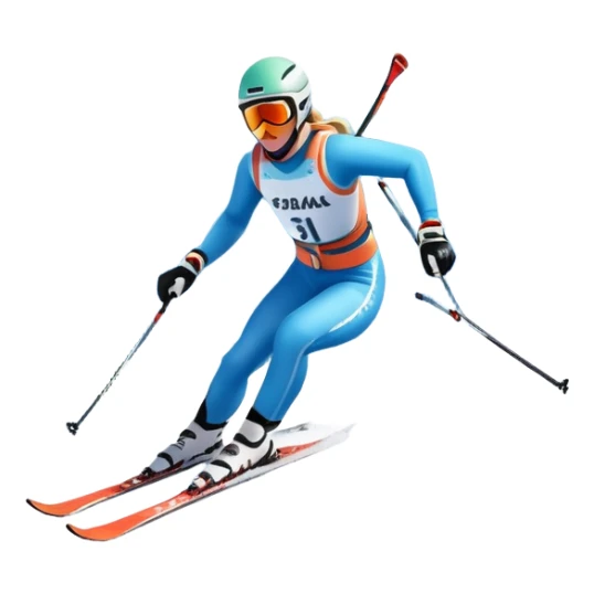 An icon featuring snowy peaks, pine trees, and a picturesque mountain landscape with a skier racing down a snow-covered slope. The sky is blue with soft clouds, capturing the thrill and beauty of alpine skiing. Transparent background highlights the excitement and serenity of winter sports. sticker