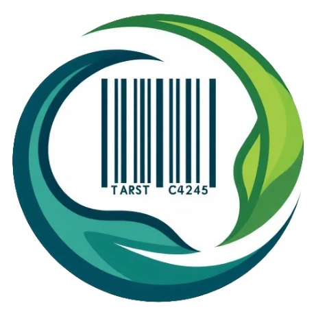 Clean minimalistic logo on 3:2 ratio canvas with circular motif. Inside circle: barcode transitioning into globe. Soft gradients of green and blue suggesting sustainability and trust. Sleek, professional, contemporary style focused on simplicity. sticker