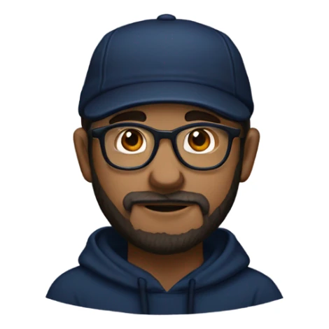 a white dude with dark beard and sideburns and thin frame glasses wearing a black newsboy hat a navy blue pull over hoodie and dark blue t shirt sticker
