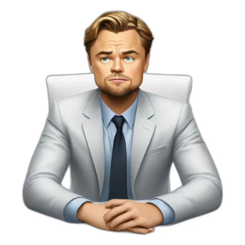 Leonardo DiCaprio sitting on the white table and trying to solve a problem in his business sticker