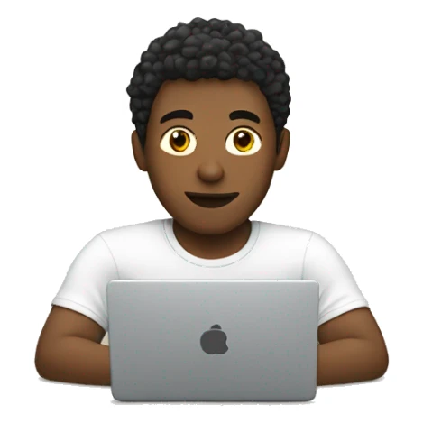 A white young man is sitting at a laptop in a T-shirt sticker