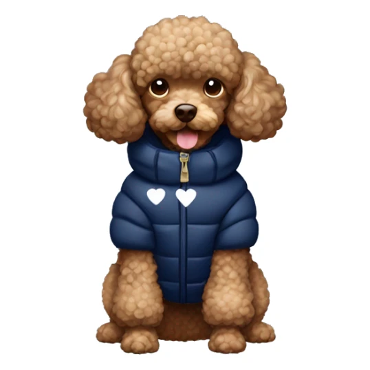 Brown toy poodle wearing a navy blue puffer jacket with white hearts on it  sticker