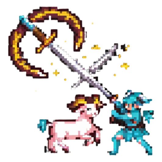 Sagittarius defeating Aries ram, pixel art style sticker